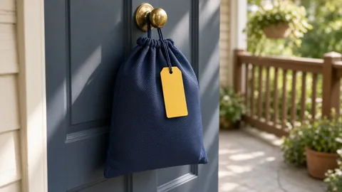 Garment bag hanging on a front door