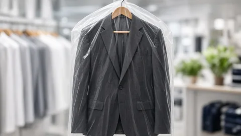 Dark two-piece suit on a hanger